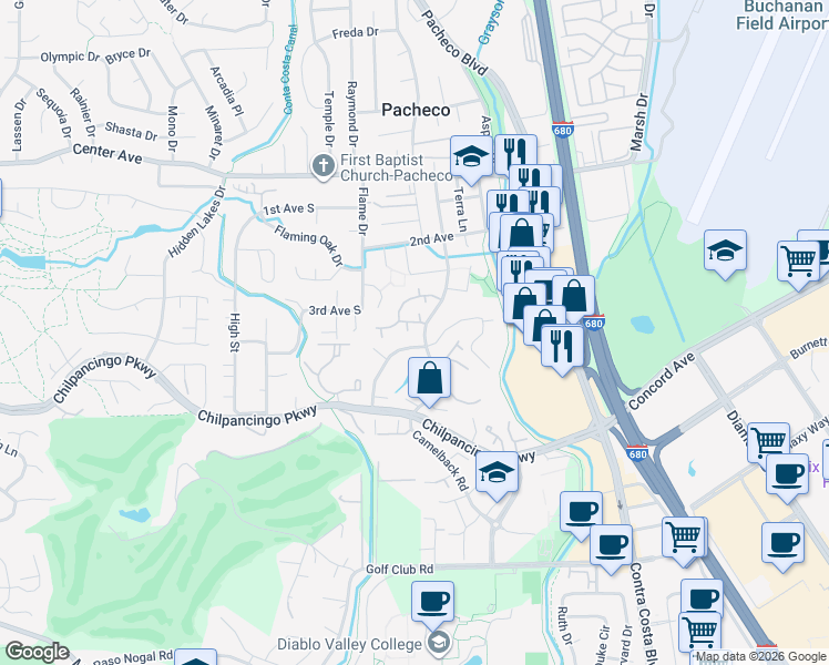 map of restaurants, bars, coffee shops, grocery stores, and more near 298 Scottsdale Road in Pleasant Hill