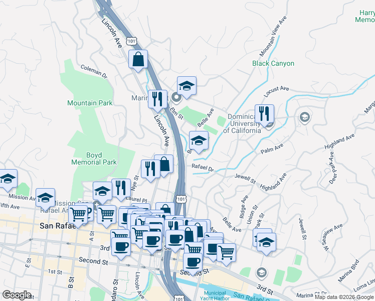 map of restaurants, bars, coffee shops, grocery stores, and more near 833 Belle Avenue in San Rafael