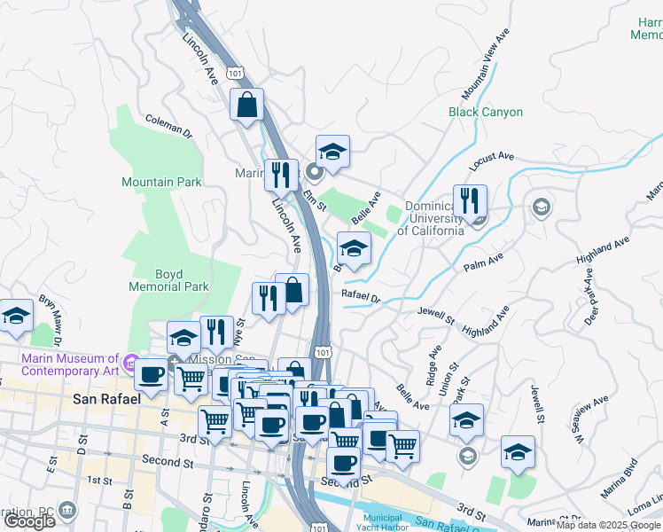 map of restaurants, bars, coffee shops, grocery stores, and more near 833 Belle Avenue in San Rafael