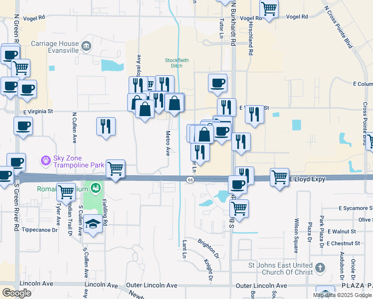 map of restaurants, bars, coffee shops, grocery stores, and more near 200 Kimber Lane in Evansville