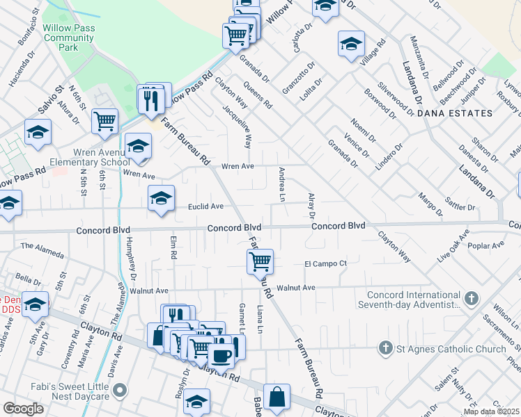 map of restaurants, bars, coffee shops, grocery stores, and more near 3622 Delancey Lane in Concord