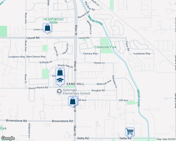 map of restaurants, bars, coffee shops, grocery stores, and more near 209 Honey Lane in Oakley