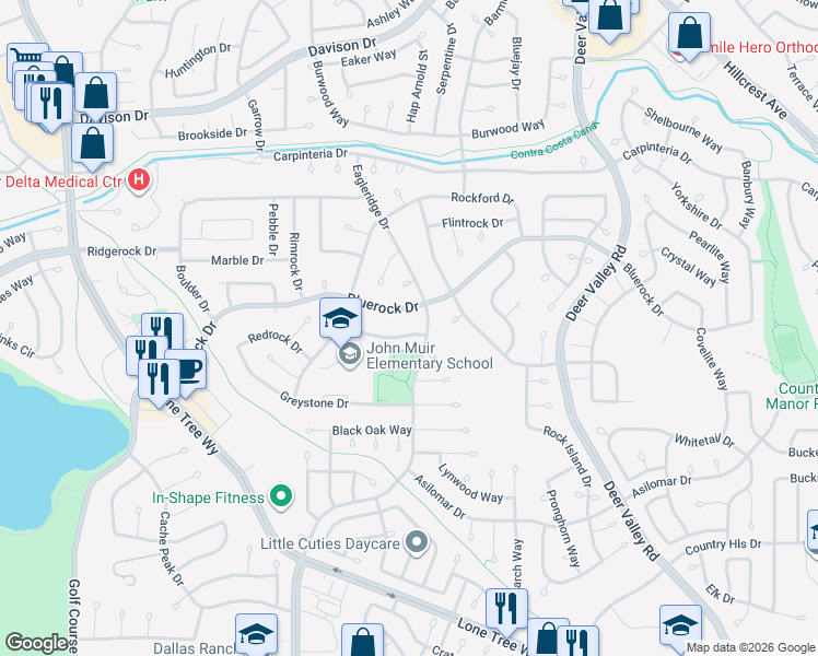 map of restaurants, bars, coffee shops, grocery stores, and more near 701 Alumrock Drive in Antioch