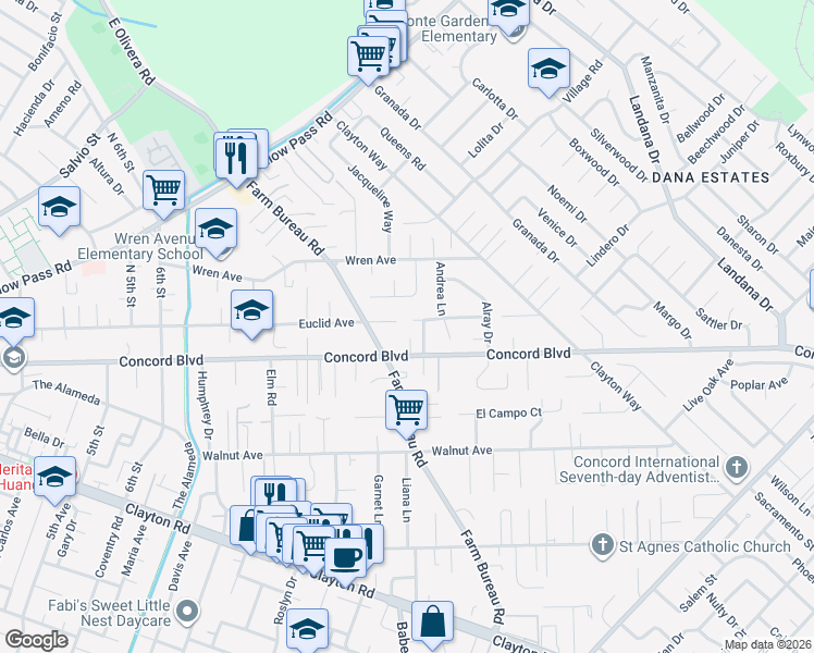 map of restaurants, bars, coffee shops, grocery stores, and more near 1811 Westbury Drive in Concord