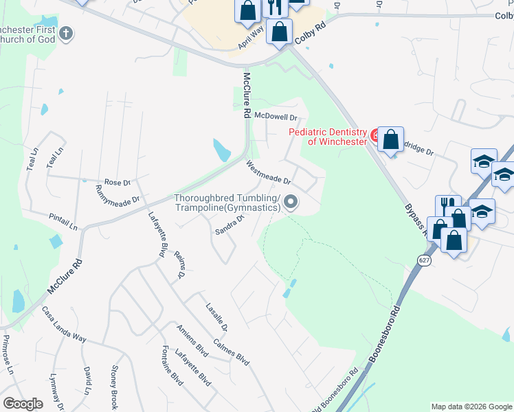 map of restaurants, bars, coffee shops, grocery stores, and more near 719 Terry Drive in Winchester