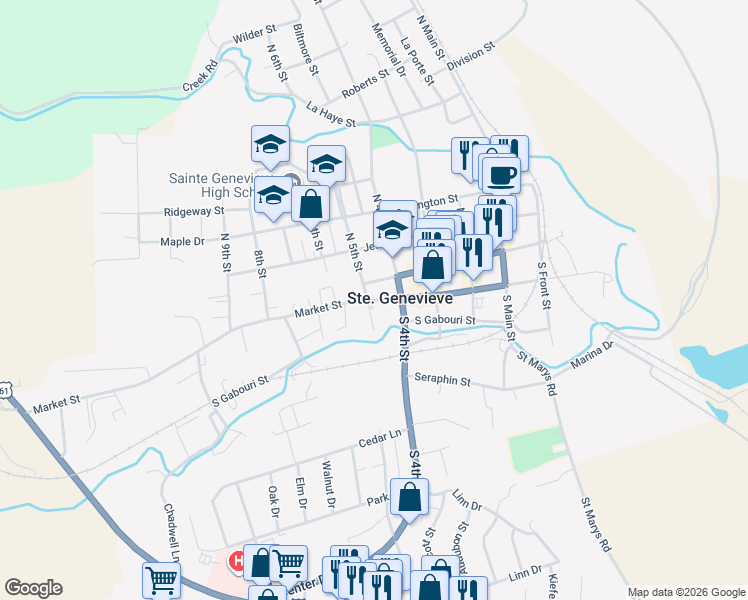 map of restaurants, bars, coffee shops, grocery stores, and more near in Ste. Genevieve