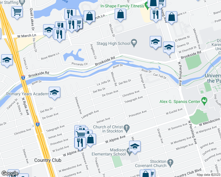 map of restaurants, bars, coffee shops, grocery stores, and more near 1936 Del Rio Drive in Stockton