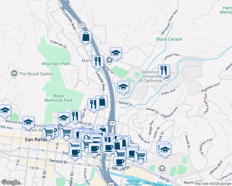 map of restaurants, bars, coffee shops, grocery stores, and more near 833 Belle Avenue in San Rafael