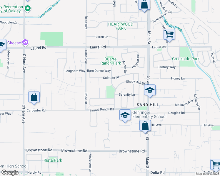 map of restaurants, bars, coffee shops, grocery stores, and more near 301 Shady Oak Drive in Oakley
