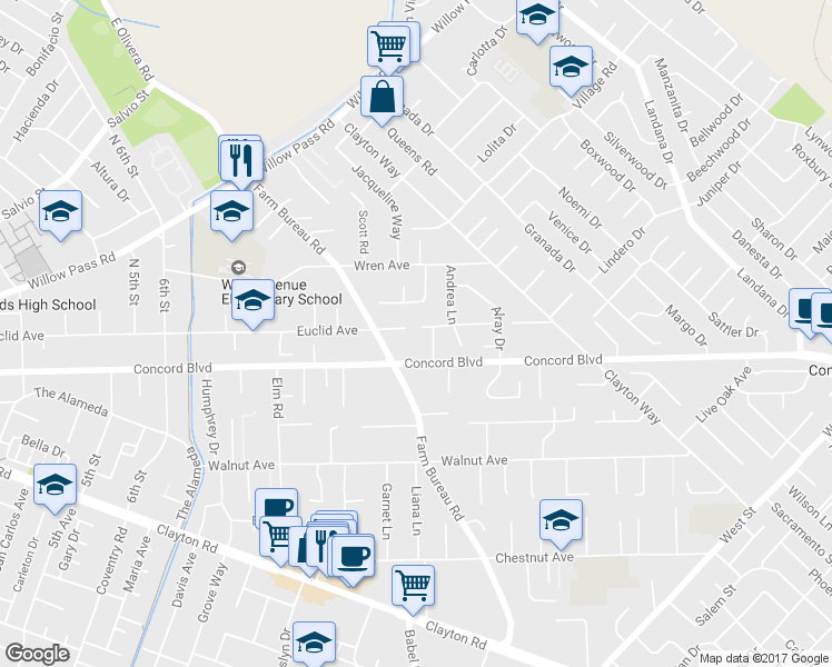 map of restaurants, bars, coffee shops, grocery stores, and more near 3622 Delancey Lane in Concord