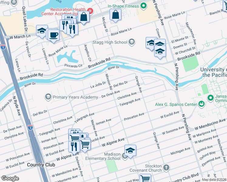 map of restaurants, bars, coffee shops, grocery stores, and more near 3750 Mission Road in Stockton