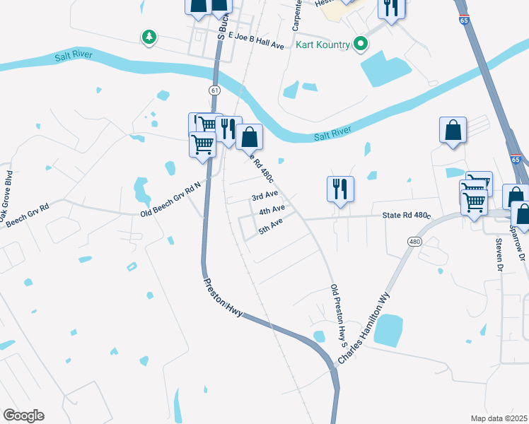 map of restaurants, bars, coffee shops, grocery stores, and more near 205 4th Avenue in Shepherdsville
