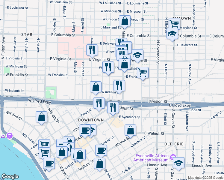 map of restaurants, bars, coffee shops, grocery stores, and more near 35 West Indiana Street in Evansville