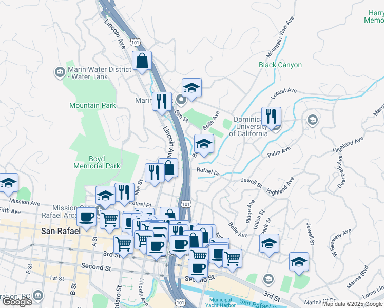 map of restaurants, bars, coffee shops, grocery stores, and more near 833 Belle Avenue in San Rafael