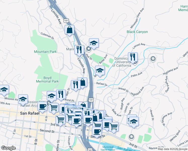 map of restaurants, bars, coffee shops, grocery stores, and more near 833 Belle Avenue in San Rafael