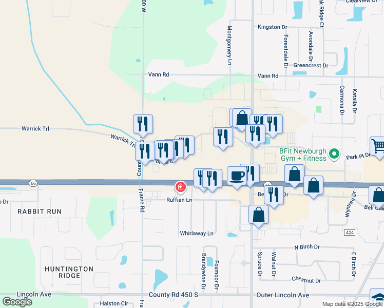 map of restaurants, bars, coffee shops, grocery stores, and more near 8797 High Pointe Drive in Newburgh