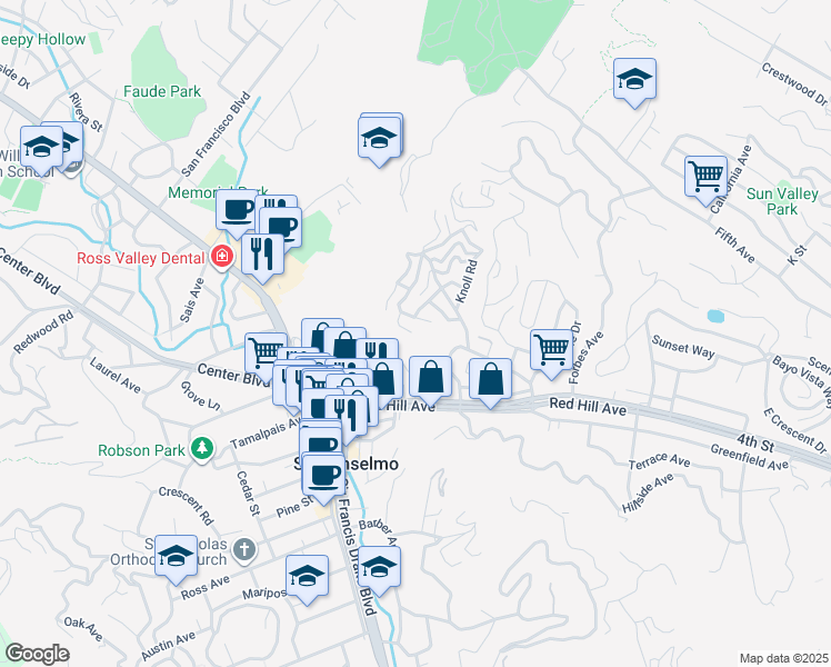 map of restaurants, bars, coffee shops, grocery stores, and more near 43 Millbrae Avenue in San Anselmo