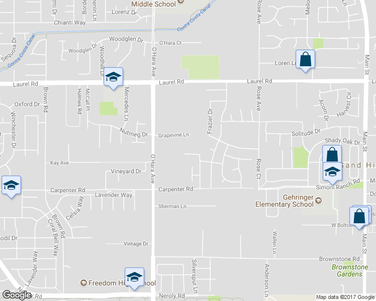 map of restaurants, bars, coffee shops, grocery stores, and more near 120 Mira Vista Drive in Oakley