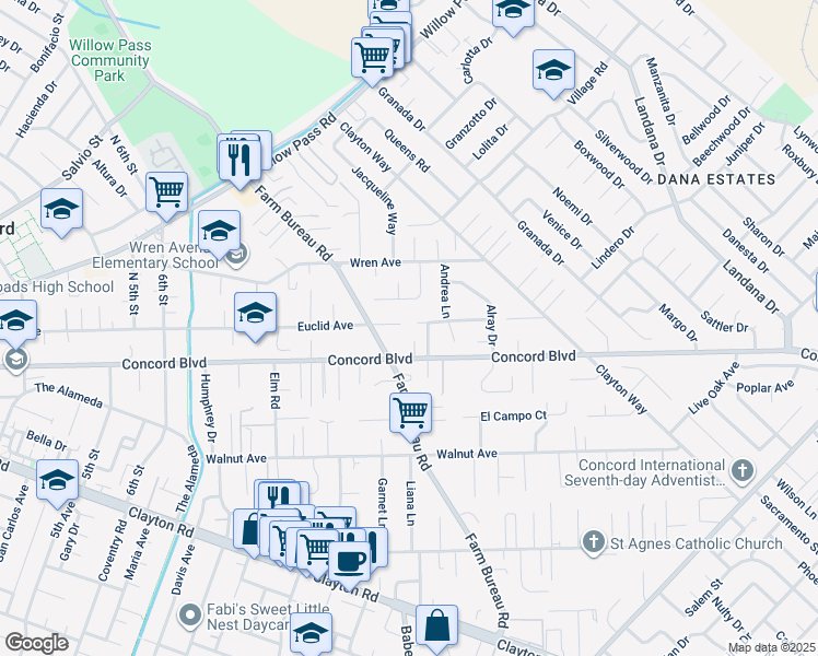 map of restaurants, bars, coffee shops, grocery stores, and more near 3622 Delancey Lane in Concord