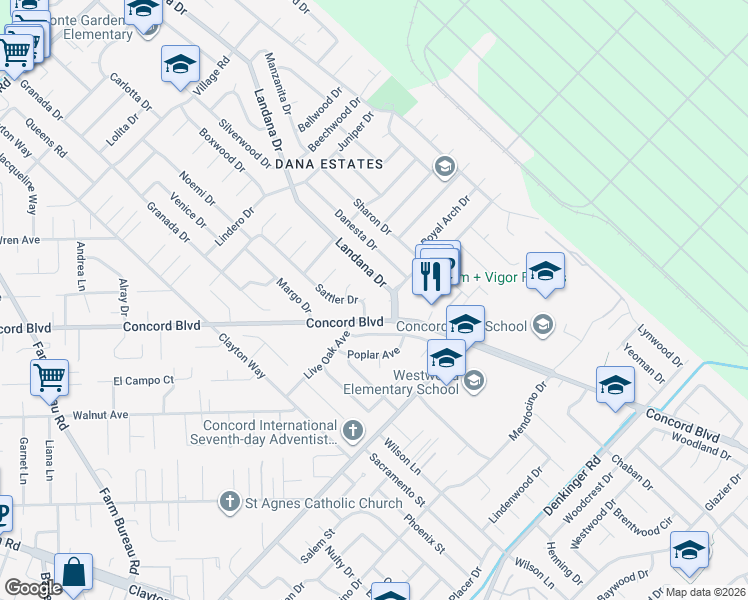 map of restaurants, bars, coffee shops, grocery stores, and more near 1748 Southpark Court in Concord