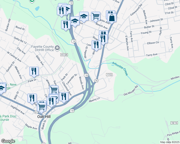 map of restaurants, bars, coffee shops, grocery stores, and more near Woodlawn Ave in Oak Hill