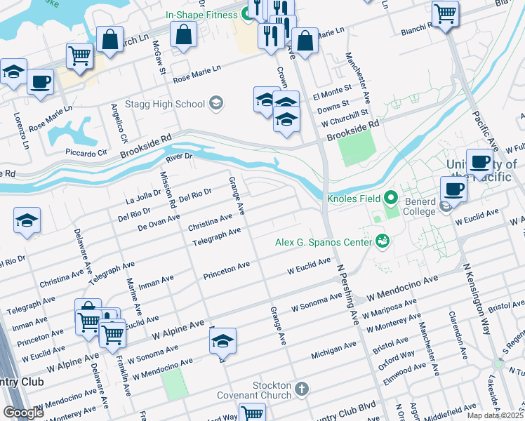 map of restaurants, bars, coffee shops, grocery stores, and more near 1612 Christina Avenue in Stockton