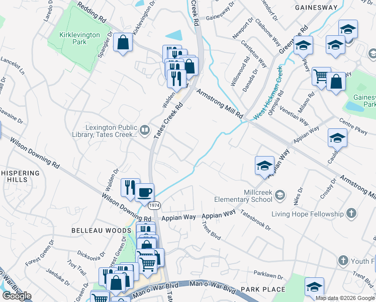 map of restaurants, bars, coffee shops, grocery stores, and more near 3792 Lady Di Lane in Lexington