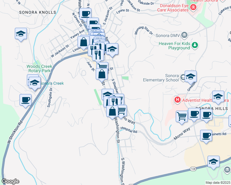 map of restaurants, bars, coffee shops, grocery stores, and more near 508 South Shepherd Street in Sonora
