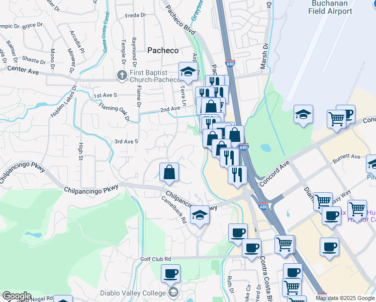 map of restaurants, bars, coffee shops, grocery stores, and more near 200 Suntree Lane in Pleasant Hill