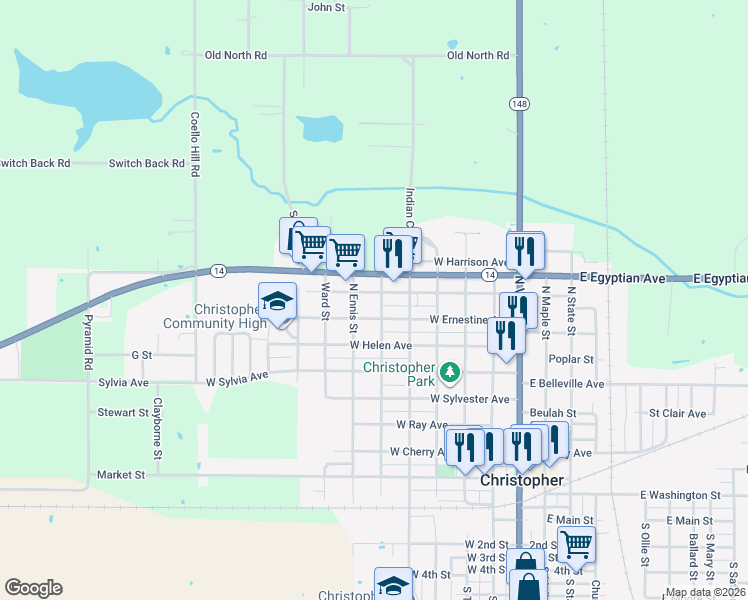 map of restaurants, bars, coffee shops, grocery stores, and more near 701-799 North Solomon Street in Christopher