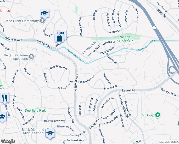 map of restaurants, bars, coffee shops, grocery stores, and more near 4585 Bonraven Way in Antioch
