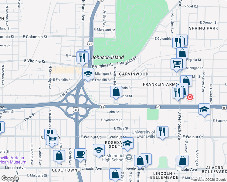map of restaurants, bars, coffee shops, grocery stores, and more near 120 North Willow Road in Evansville