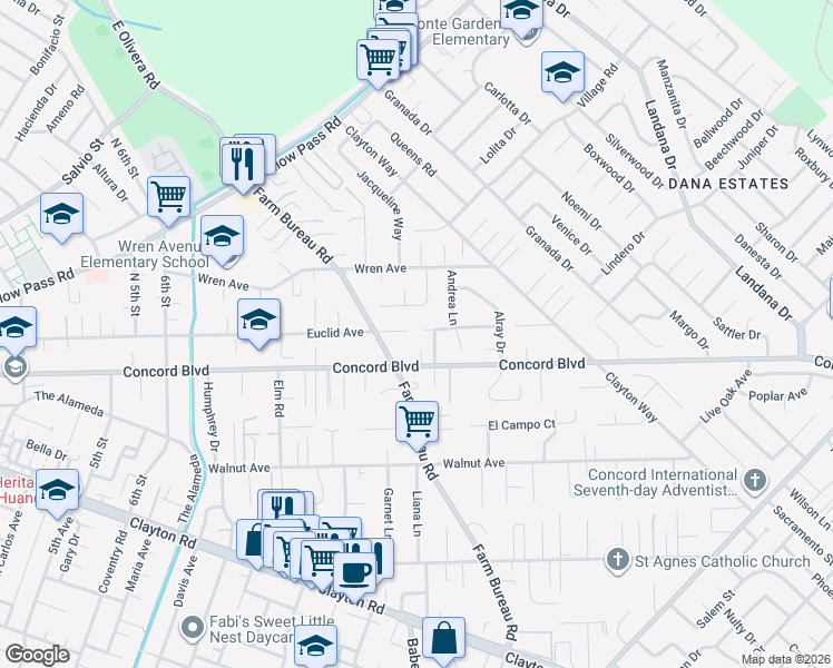 map of restaurants, bars, coffee shops, grocery stores, and more near 3622 Delancey Lane in Concord