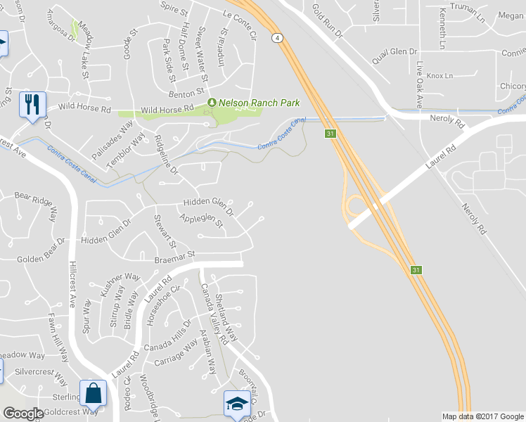 map of restaurants, bars, coffee shops, grocery stores, and more near 4645 Glasgow Court in Antioch