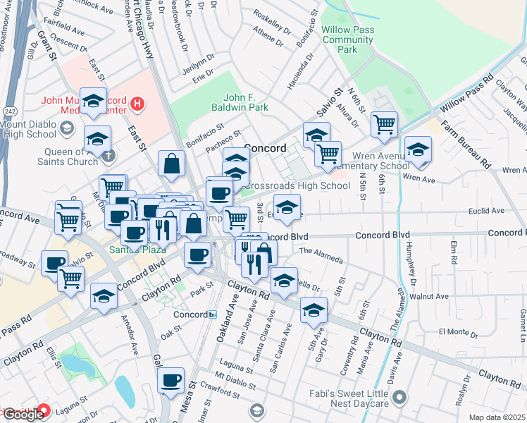 map of restaurants, bars, coffee shops, grocery stores, and more near 2805 Euclid Avenue in Concord