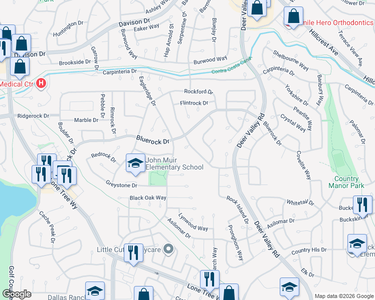 map of restaurants, bars, coffee shops, grocery stores, and more near 805 Hawk Court in Antioch