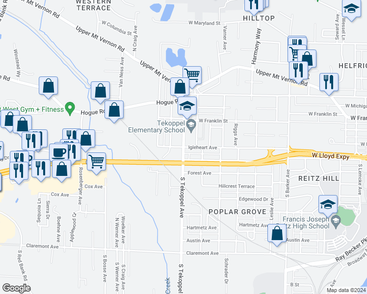 map of restaurants, bars, coffee shops, grocery stores, and more near 3501 Igleheart Avenue in Evansville