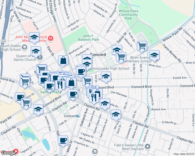 map of restaurants, bars, coffee shops, grocery stores, and more near 2805 Euclid Avenue in Concord