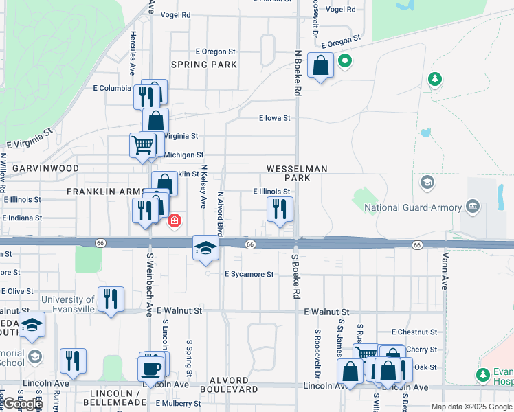 map of restaurants, bars, coffee shops, grocery stores, and more near 2270 East Indiana Street in Evansville