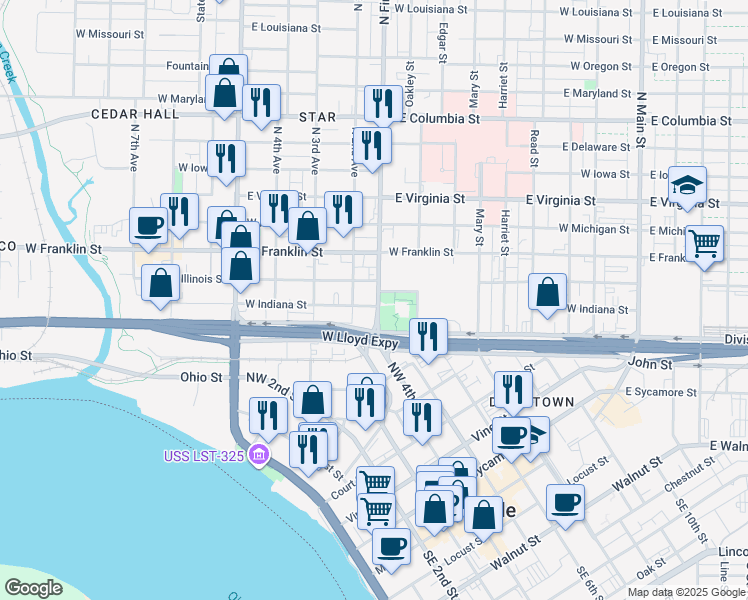map of restaurants, bars, coffee shops, grocery stores, and more near 821 West Indiana Street in Evansville