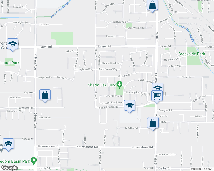 map of restaurants, bars, coffee shops, grocery stores, and more near 35 Rustic Court in Oakley