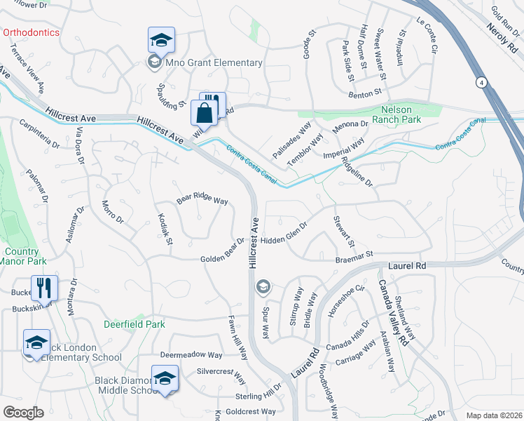 map of restaurants, bars, coffee shops, grocery stores, and more near 4499 Piper Way in Antioch