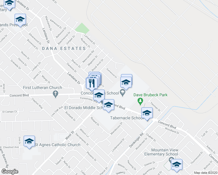 map of restaurants, bars, coffee shops, grocery stores, and more near 1722 Sapling Court in Concord