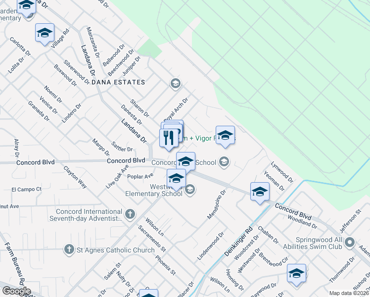map of restaurants, bars, coffee shops, grocery stores, and more near 1735 Sapling Court in Concord