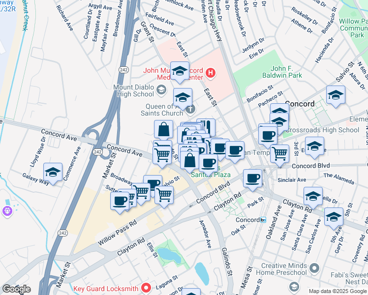 map of restaurants, bars, coffee shops, grocery stores, and more near 2110 Mount Diablo Street in Concord