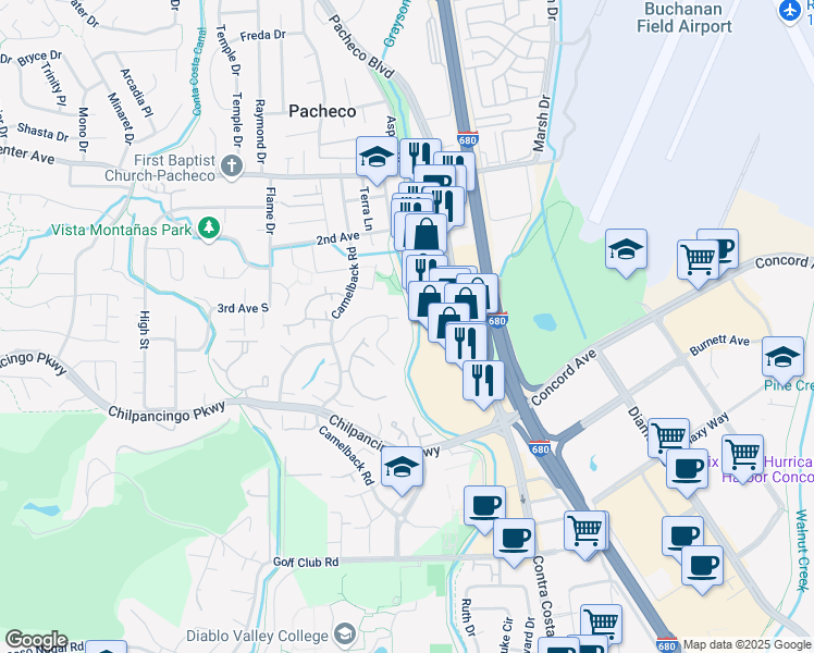 map of restaurants, bars, coffee shops, grocery stores, and more near 100 Suntree Lane in Pleasant Hill