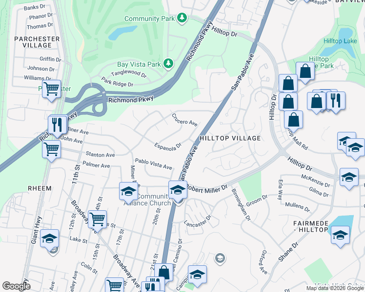 map of restaurants, bars, coffee shops, grocery stores, and more near 2030 Espanola Drive in San Pablo