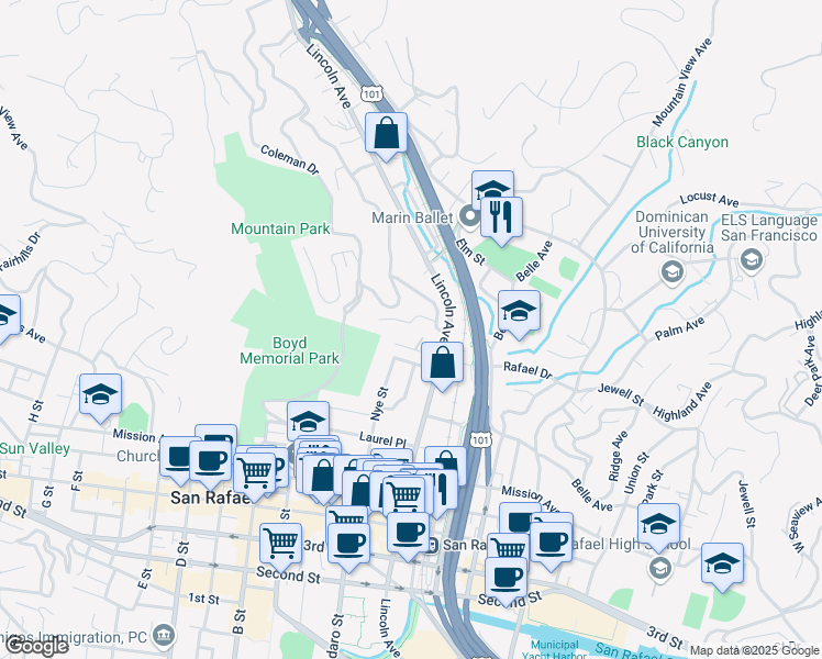 map of restaurants, bars, coffee shops, grocery stores, and more near 21 La Vista Way in San Rafael