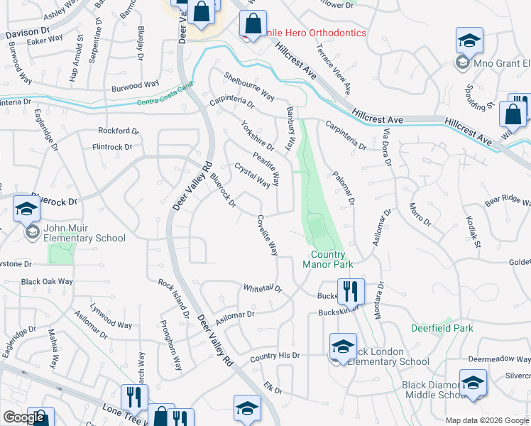 map of restaurants, bars, coffee shops, grocery stores, and more near 2621 Covelite Way in Antioch