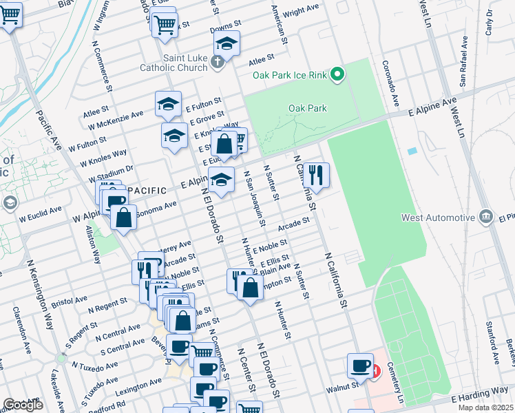 map of restaurants, bars, coffee shops, grocery stores, and more near 298 East Mariposa Avenue in Stockton